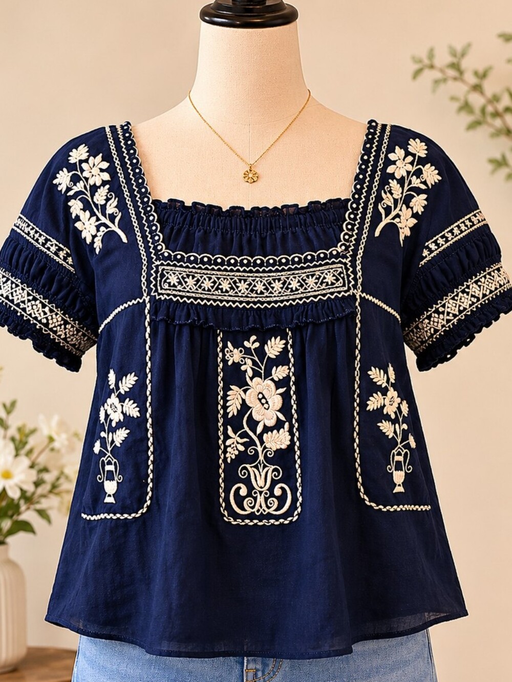 J.Crew Embroidered Peasant Top – Navy Blue | Cottagecore Prairie Style